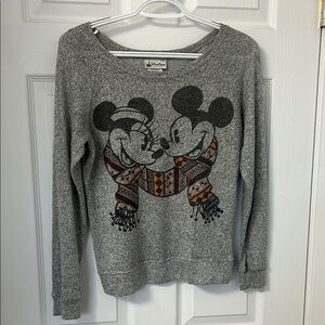 Disney Women's Gray Sweater with Mickey and Minnie Design